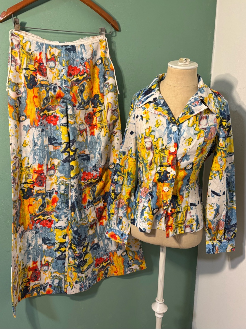 Abstract Print Cotton Blend Bell Bottom Pantsuit